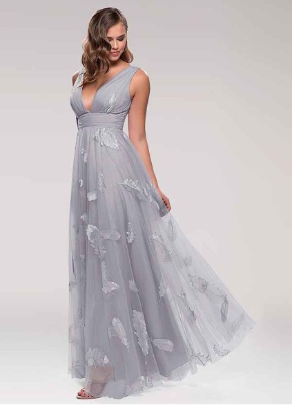 Blush Mark Lost In Paradise Grey Embroidery Tulle Maxi Dress