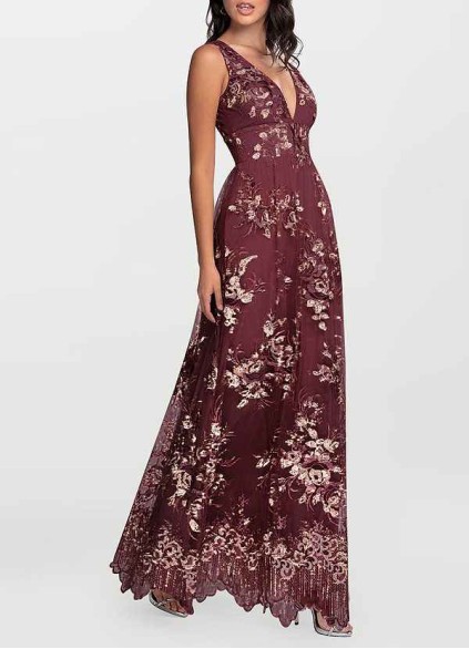 AZ Occasions Romantic Adventure Cabernet Embroidery Tulle Maxi Dress