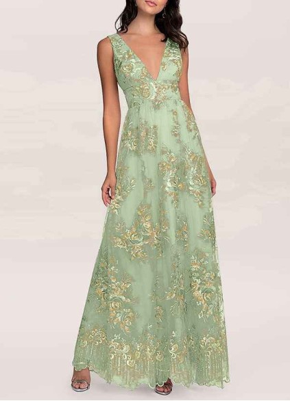 AZ Occasions Romantic Adventure Dusty Sage Embroidery Tulle Maxi Dress