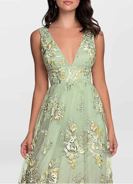 AZ Occasions Romantic Adventure Dusty Sage Embroidery Tulle Maxi Dress