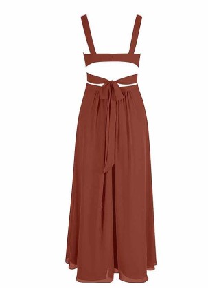 AZ Occasions Bow Tie Maxi Chiffon Dress with V Neckline